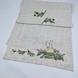Olive branch table runner, Embroidered linen table runner, Table runner with embroidered olives and oil bottle, Housewarming gifts