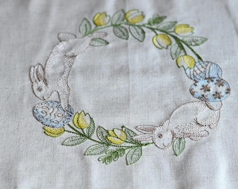 Linen Easter tea towel, Embroidered pascha cloth for blessing basket, Easter rabbit and Easter eggs embroidery Easter towel, Spring decor