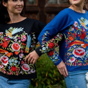 Mexican embroidered sweatshirt, Floral crewneck sweatshirt with botanical embroidery on sleeves, Ukrainian Vyshyvanka shirt, Birthday gift