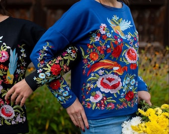 Mexican embroidered sweatshirt, Floral crewneck sweatshirt with botanical embroidery on sleeves, Ukrainian Vyshyvanka shirt, Birthday gift