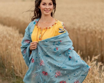 Blue embroidered linen shawl for women, Large scarf with flowers, Embroidered linen scarf, Oversized scarf, Summer scarf, Gift for mother