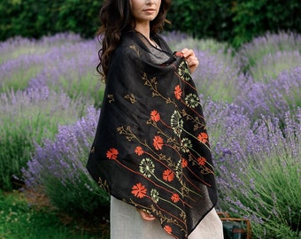 Black linen embroidered scarf, Floral linen shawl for women, Large linen scarf for all seasons, Birthday gift for her, Christmas gifts
