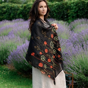 Black linen embroidered scarf, Floral linen shawl for women, Large linen scarf for all seasons, Birthday gift for her, Christmas gifts