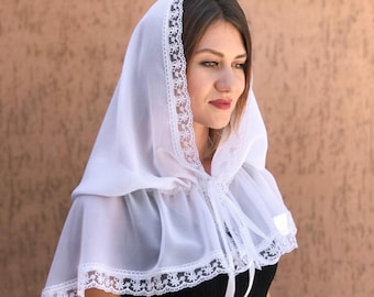 White mantilla veil, Christian veil, Hooded mantilla veil for mass, Orthodox veil, Christian head covering chapel veil, Church mantilla