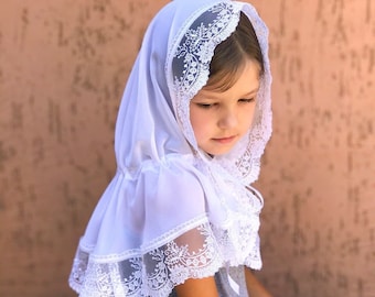 White First Communion veil for Girls, Hooded lace mnatilla, Catholic church veils, Lace Chapel Veil, Children's mass veil classic