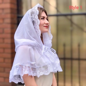 White mantilla for mass, Lace chapel veil, Chapel veil mantilla, Catholic veil for church, Latin mass veil, Head covering over the shoulder