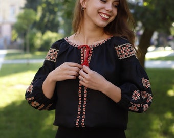 Ethnic linen blouse, Black embroidered blouse for women, Ukrainian vyshyvanka, Boho peasant blouse with cross stitch embroidery on sleeves