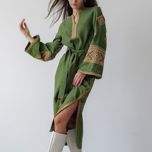 Khaki dress with embroidery, Vyshyvanka, Moroccan caftan dress, Midi caftan dress, Embroidered ukrainian dress, Ukrainian vyshyvanka