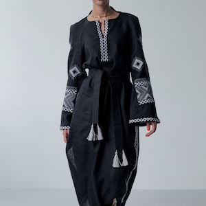 Linen kimono kaftan dress, Black linen dress Vyshyvanka for women, Boho style dress with embroidery on sleeves