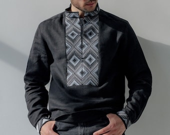Black linen vyshyvanka men, Ukrainian vyshyvanka shirt for men, Traditional slavic shirt with gray embroidery, Long sleeve shirt