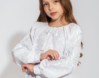 Ukrainian vyshyvanka blouse for girls, Cottagecore blouse for girl, Linen blouse with white embroidey, Embroidered festive top in boho style