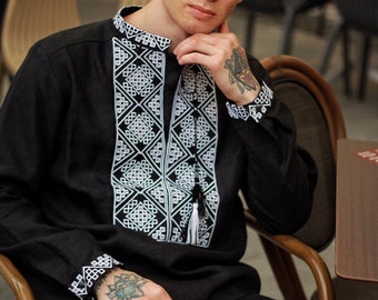 Black men's traditional Ukrainian linen vyshyvanka shirt, Ethnic pattern, White on black embroidery, Long sleeve embriodered shirt for men