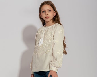 Girl peasant vyshyvanka blouse, Ukrainian linen shirt for kids, Embroidered blouse for girls, Festive top with long sleeves, Birthday gift