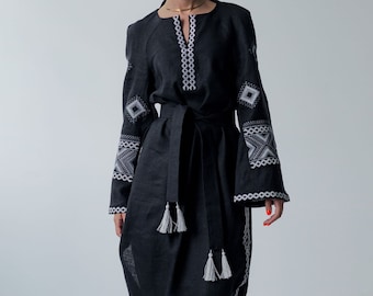 Linen kimono kaftan dress, Black linen dress Vyshyvanka for women, Boho style dress with embroidery on sleeves