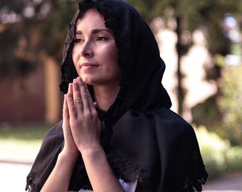 Black linen hooded veil, Funeral mass prayer head covering for women, Black mourning veil with hood and floral embroidered trim