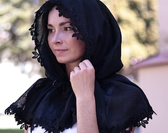 Black linen mourning veil with hood, Floral trim church head covering for funeral, Catholic mass veil & Orthodox prayer veil