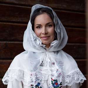 Lace prayer veil, Hooded orthodox veil with floral embroidery, Lace head covering for women, Church veil, Wedding cathedral veil