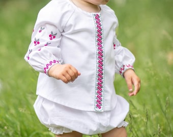 Baby girls' blouse, Embroidered ukrainian vyshyvanka for toddler, Set of t-shirt + shorts, Floral blouse for baby girl, Summer cotton blouse