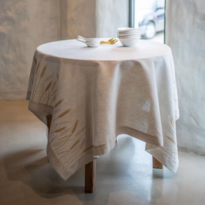 Embroidered round table cloth, Lace tablecloth, Circle linen tablecloth with harvest embroidery, Easter gift, Anniversary gift