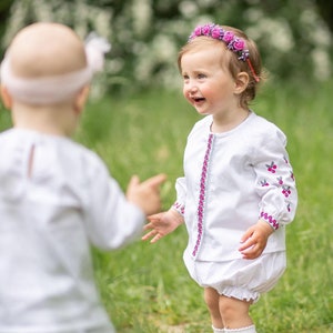 Baby girls' blouse, Embroidered ukrainian vyshyvanka for toddler, Set of t-shirt shorts, Floral blouse for baby girl, Summer cotton blouse image 2