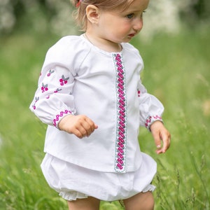 Baby girls' blouse, Embroidered ukrainian vyshyvanka for toddler, Set of t-shirt shorts, Floral blouse for baby girl, Summer cotton blouse image 1