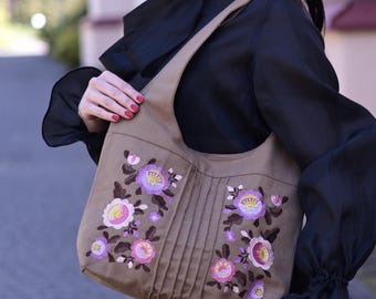 Boho garden shoulder bag, Embroidered handbag for women, Roomy purse with floral embroidery, Linen embroidered tote bag, Birthday gift