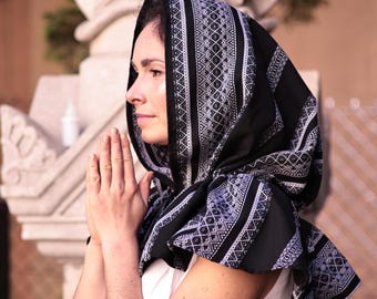 Black medieval head covering with white stripes, Hooded orthodox veil for women, Slavic head scarf for church, Ukrainian veils for women