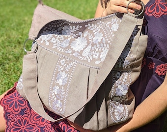 Large linen shoulder bag with zipper, Floral embroidered shoulder bag for women, Wildflower handbag, Birthday gift for girlfriend, Totes