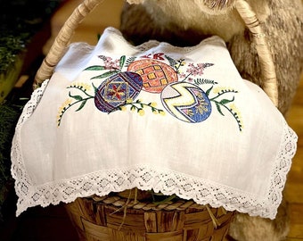 Pascha basket cover, Embroidered linen Easter basket cover, Easter basket rushnyk, Easter ornaments, Easter table decor, Easter home decor