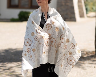 Embroidered linen scarf women, Off white linen shawl for summer Floral scarf, Linen headscarf, Blue linen scarf, Birthday gift for mom