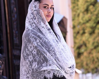 White Orthodox wedding veil, Floral lace mantilla, Catholic bridal chapel veil, Long lace church head covering, Bridal mantilla