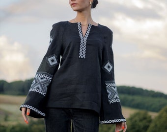 Black linen kimono blouse, Embroidered blouse Vyshyvanka in Japanese style, Modern linen top with embroidery, Christmas gift, Women clothing