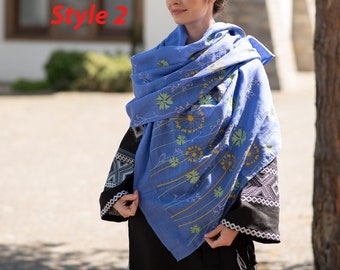 Linen scarves for women, Blue embroidered shawl, Floral scarf for women, Gift for wife, Summer linen scarf with flowers embroidery