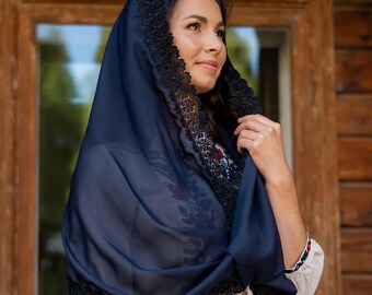 Black lace catholic veil for mass, Navy infinity veil, Catholic mantilla veil, Church prayer scarf, Lace head covering, Easter gift for mom
