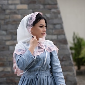 Ivory chapel veil for mass, Hooded mantilla with powder or coffee lace, Cathedral lace veil, Orthodox christian veil, Catholic church veils