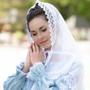 Hooded mantilla veil with floral lace, White church head covering for Adult & kids, Orthodox head wrap, Catholic veil, Church or Chapel veil