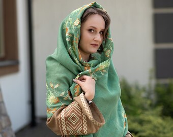 Embroidered shawl, Green linen scarf, Boho scarf for women with floral embroidery, Long summer scarf, Birthday gift, Christmas gift for her
