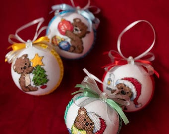 Set of 4 handmade christmas ornaments, Cross stitch teddy bear baubles, Embroidered holiday tree decorations, Cute gift for kids and family