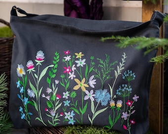 Fabric shoulder bag, Wildflower embroidered cross body bag for women, Zipper bag, Linen crossbody bag, Large embroidered purse for her