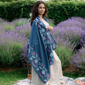Floral embroidered women&#39;s scarf shawl lightweight, Long linen scarf for women, Navy flower scarf with botanical embroidery, Christmas gift