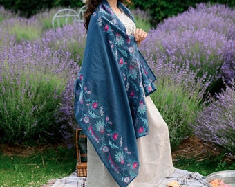 Floral embroidered women's scarf shawl lightweight, Long linen scarf for women, Navy flower scarf with botanical embroidery, Christmas gift