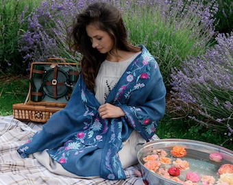 Embroidery blue floral linen shawl for women, Anniversary gift, Summer linen shawl, Large embroidered wrap, Christmas gift, Birthday gifts