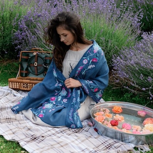 Embroidery blue floral linen shawl for women, Anniversary gift, Summer linen shawl, Large embroidered wrap, Christmas gift, Birthday gifts