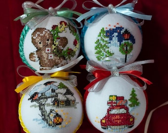 Set 4 embroidered Christmas ornaments, Cross-stitch Christmas balls, Gingerbread, Winter House, Tree & Car, Unique Holiday Tree Decorations
