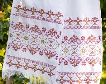 Ukrainian wedding rushnyk with red and gold embroidery, Traditional slavic embroidered towel for ceremony, Cross-stitch folk towel