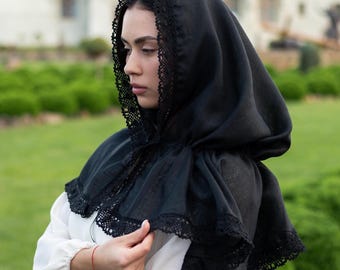 Black linen mantilla, Orthodox head covering with lace trim, Black orthodox veil, Traditional church head covering for Mass and prayer