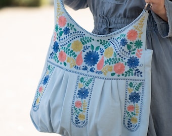 Embroidered hobo bag, Colorful tote bag, Oversize hippie shoulder bag, Floral embroidery, Blue linen bag, Embroidered purse, Gift for women