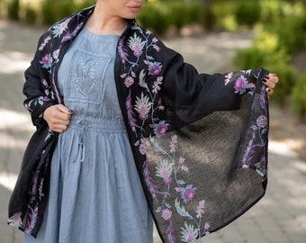 Embroidered large linen scarf, Floral linen shawl for women, Black linen shawl with floral embroidery in boho style, Gift for Mother