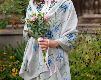 Floral soft linen scarf, Embroidered shawl for women with iris pattern, Wedding linen scarf, Summer linen scarf, Light ukrainian scarf