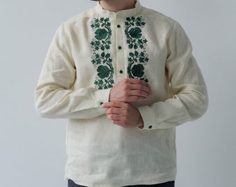 Embroidered vyshyvanka men, Linen ukrainian shirt with floral green embroidery, Organic shirt with long sleeves, Ethnic ukrainain shirt